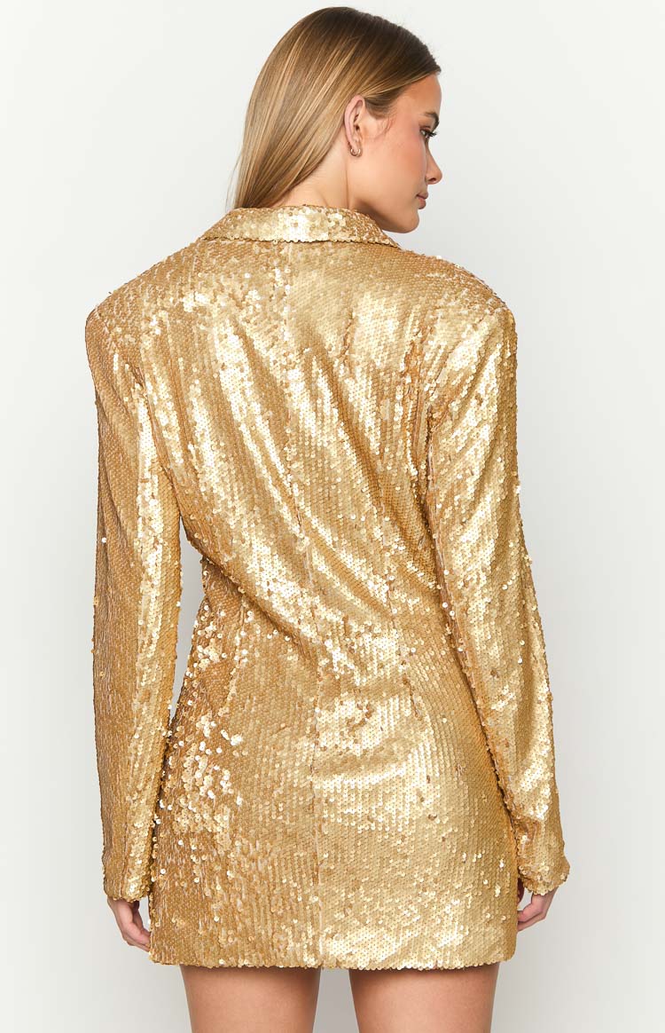 Side and back view of the gold sequin blazer mini dress, highlighting the structured shoulders and long sleeves