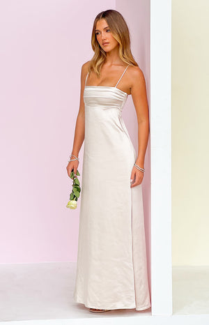 Beginning Boutique Natasha Cream Satin Maxi Dress cream satin maxi dress with spaghetti straps and ruched straight neckline