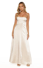 Front view of a cream satin maxi dress with a gathered straight neckline and subtle crinkle texture