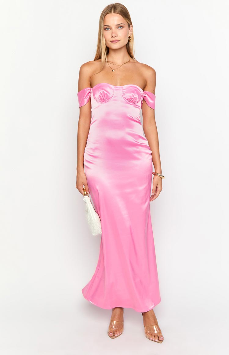 Pink satin off-shoulder maxi dress featuring a sweetheart neckline and structured bustier bodice
