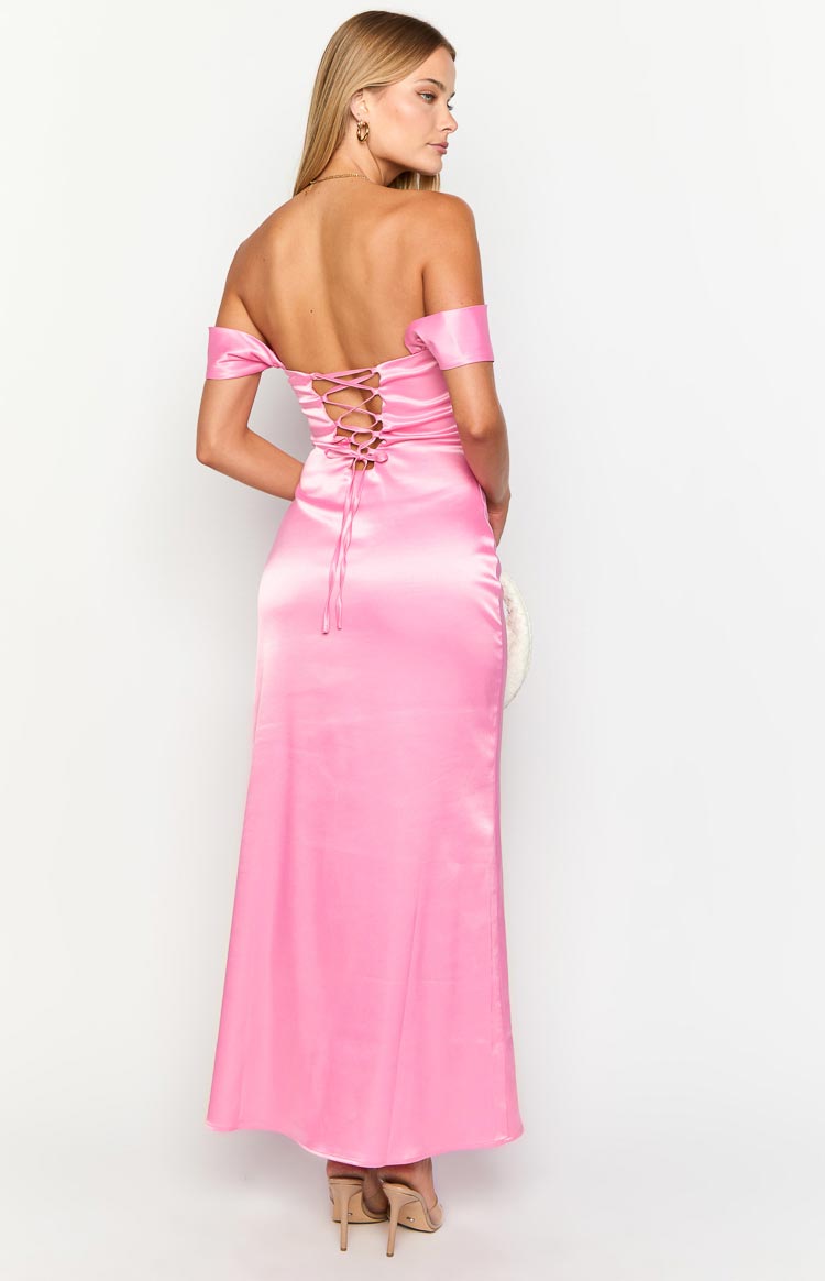 Rear view of a pink satin off-shoulder maxi dress with a lace-up corset back