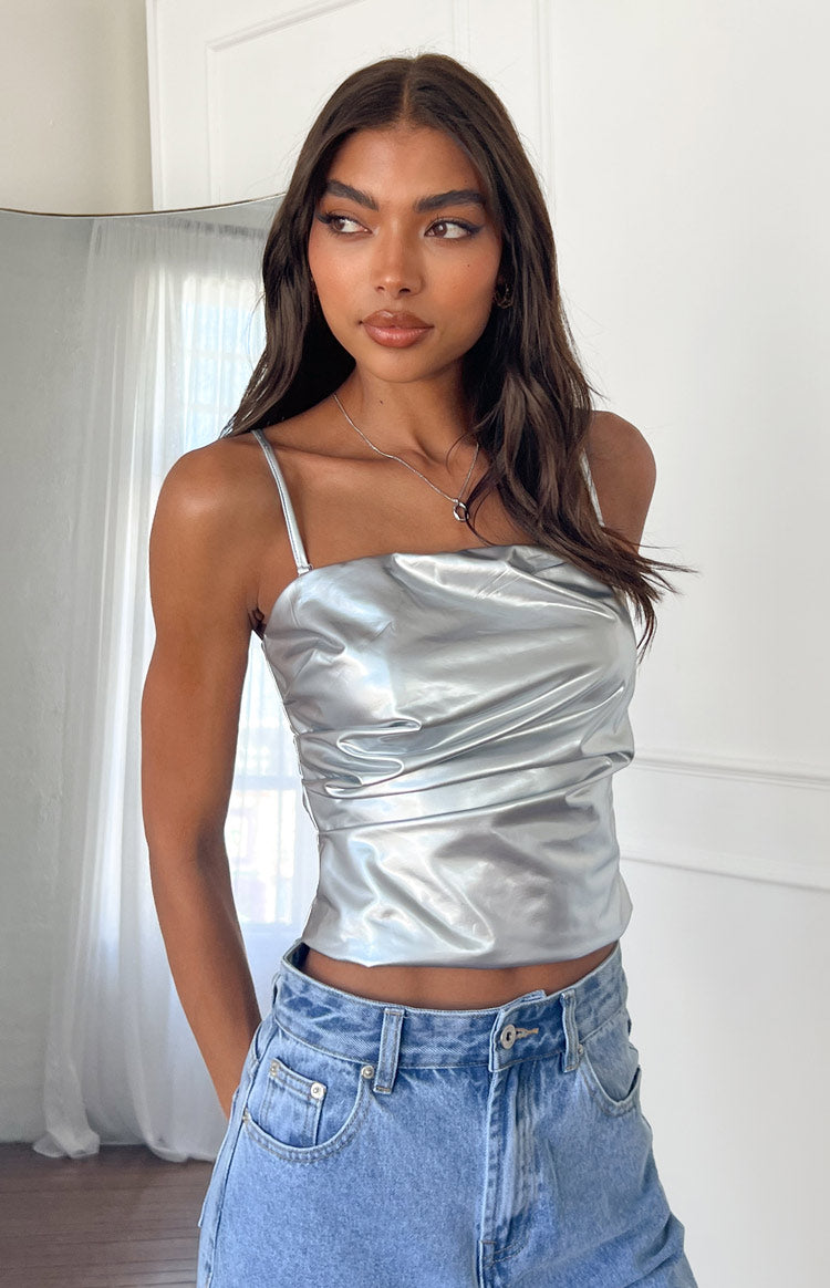 Never There Silver Metallic Strapless Top Beginning Boutique