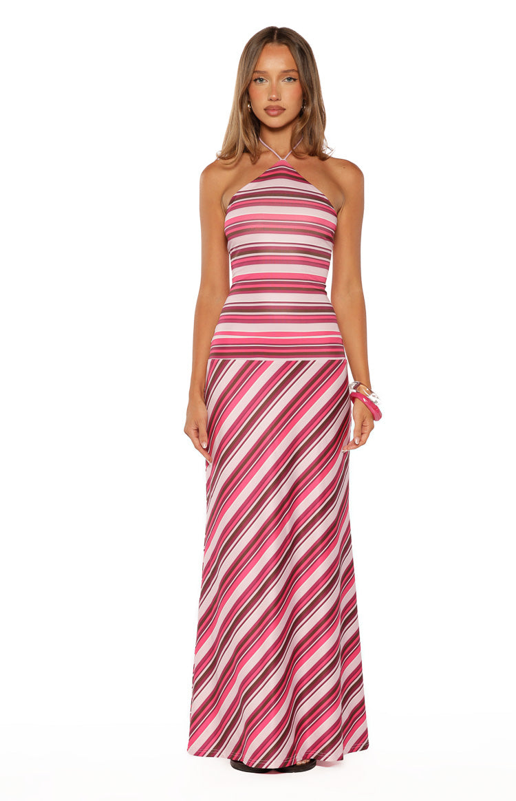 Pink multi stripe halter maxi dress with horizontal stripes on the bodice and diagonal stripes on the skirt
