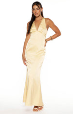 Nicolina Yellow Satin Formal Maxi Dress Image
