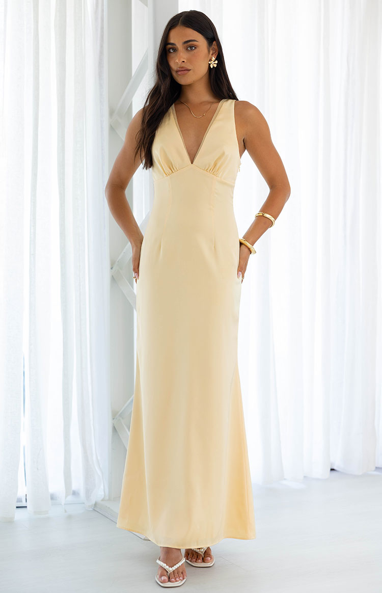 Yellow satin deep V-neck maxi dress with gathered bust and fitted bodice