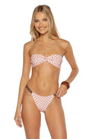 Beginning Boutique Noosa Pink Polka Dot Strapless Twist Bikini Top — pink strapless bandeau bikini top with black polka dots and twist front detail