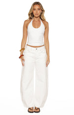 White jersey halter neck top with a U-shaped neckline and a sleek, fitted design