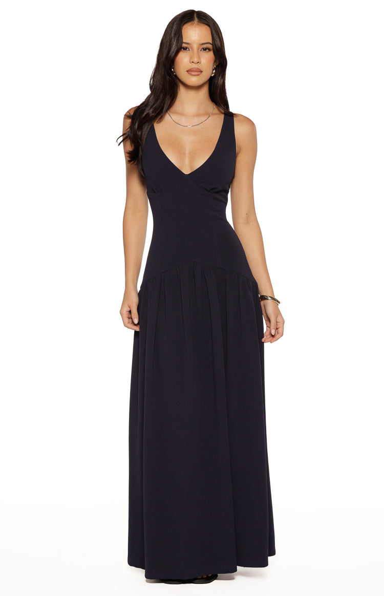 Beginning Boutique Novi Navy Drop Waist Crepe Maxi Dress navy crepe V-neck sleeveless maxi dress with gathered drop waist