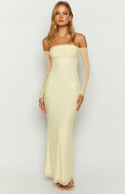 Cream strapless maxi dress with a ruched bust and sheer long sleeves