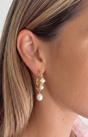 Beginning Boutique Opaline Elegance Gold Fresh Water Pearl Earrings textured gold hoop dangle earrings with multiple white fr