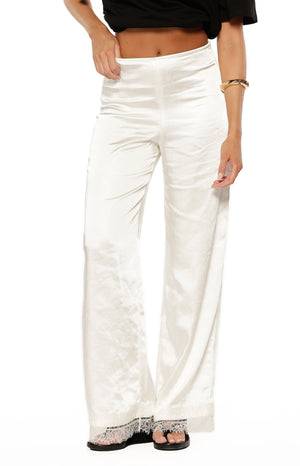 Beginning Boutique Orla Ivory Satin Straight Leg Lace Trim Pants ivory satin straight leg pants with lace trim at the hem