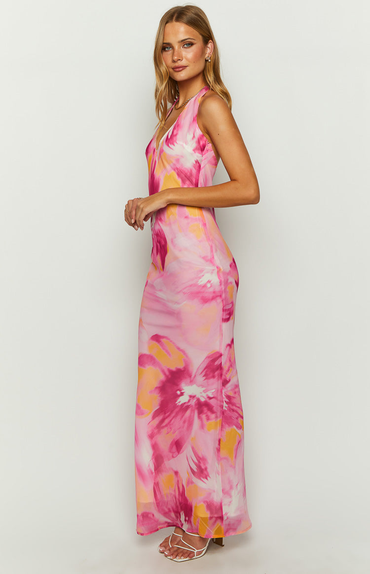 Orleans Pink Hibiscus Print Maxi Dress Image