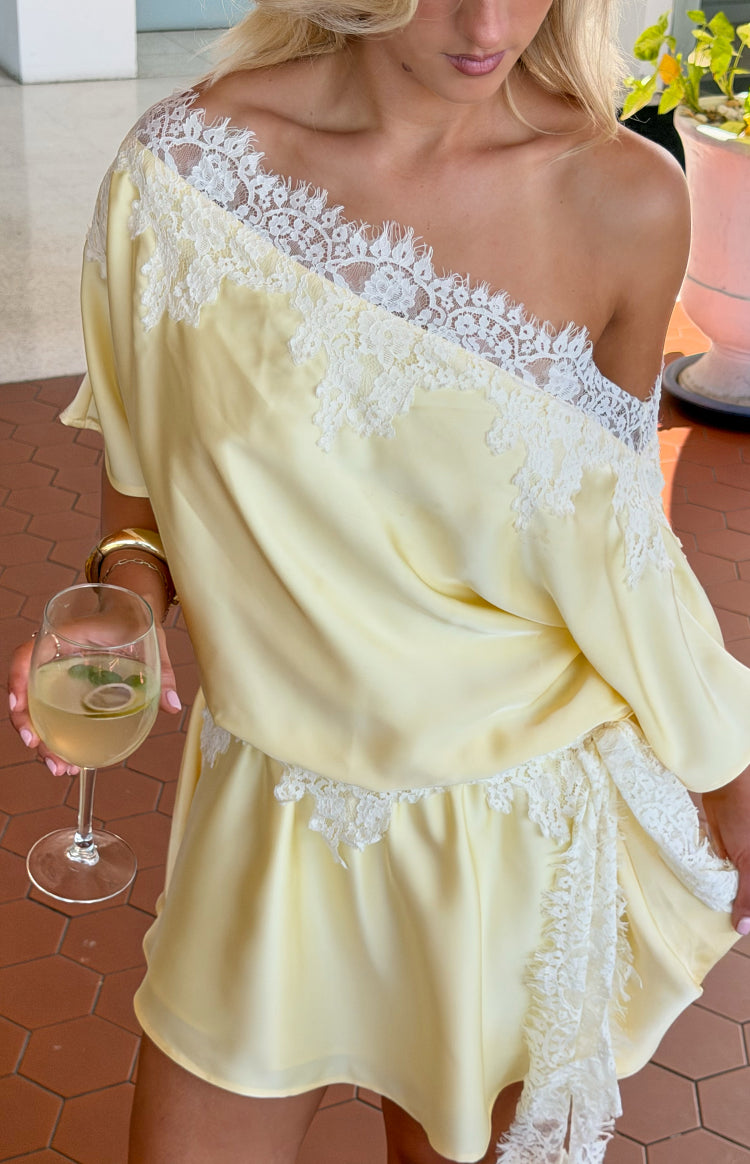 Beginning Boutique Otis Yellow Satin Lace Trim Party Mini Dress pale yellow satin one-shoulder mini dress with white lace tri