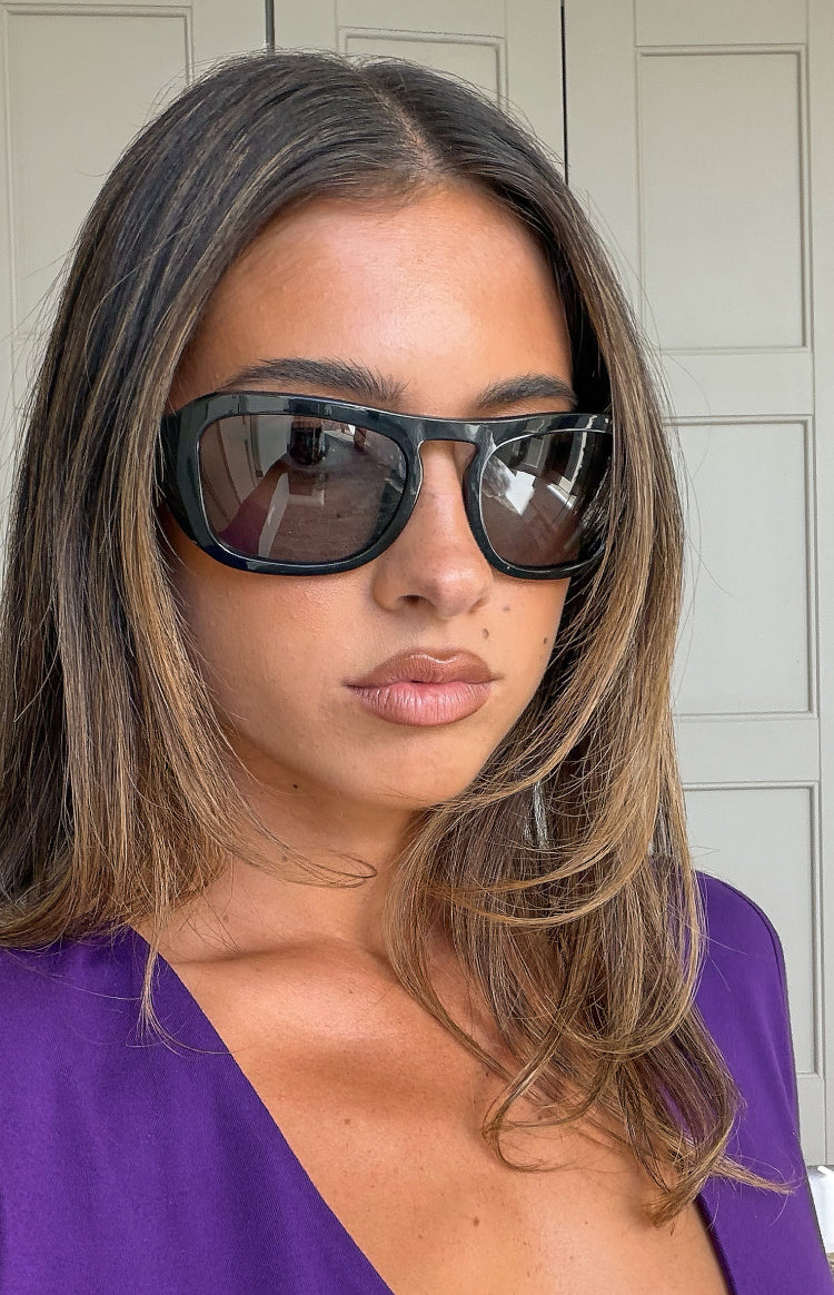 Beginning Boutique Otra Eyewear Charis Black Oversized Sunglasses black thick-frame rectangular sunglasses with dark lenses