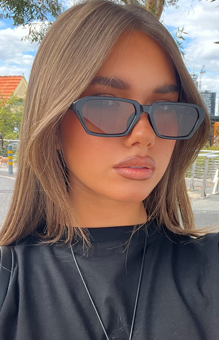Beginning Boutique Otra Eyewear Izzy Black Olive Square Frame Sunglasses black olive angular square frame sunglasses with dark gradient lenses