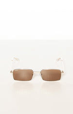 Slightly elevated front view of gold metal square frame sunglasses with brown lenses and OTRA logo