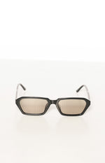 Black olive angular frame sunglasses with dark brown lenses, arms splayed outwards