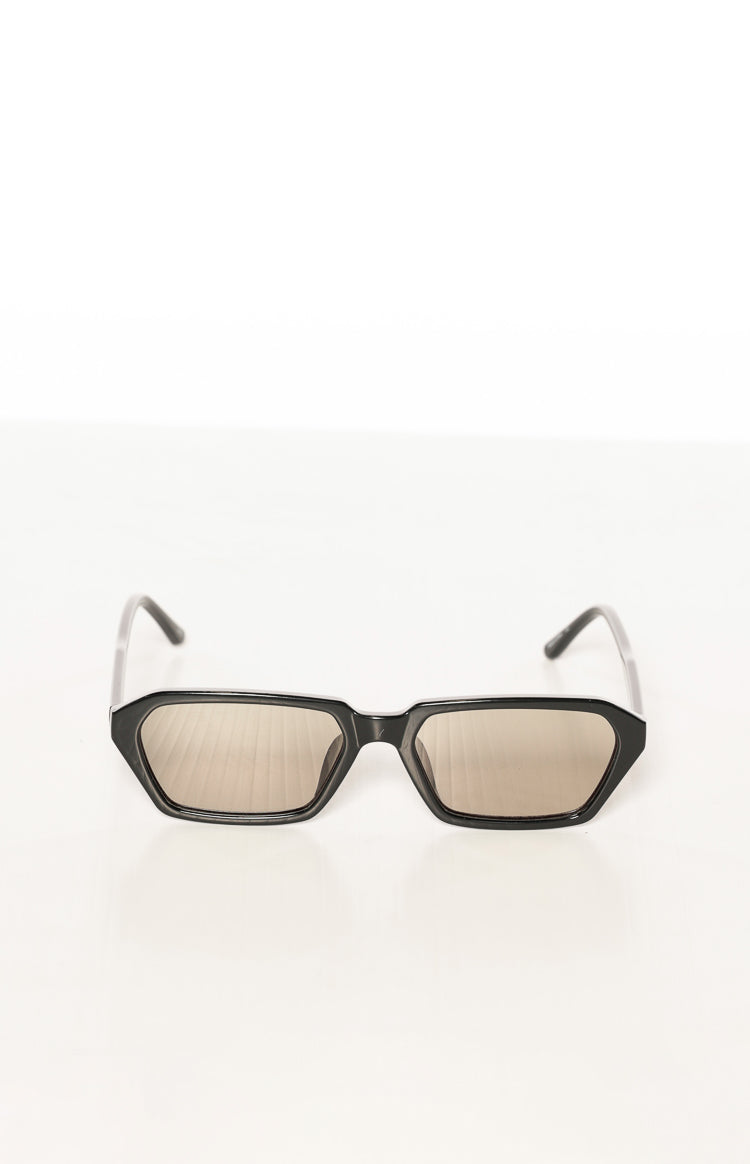 Black olive angular frame sunglasses with dark brown lenses, arms splayed outwards
