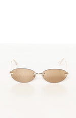 Front view of brown gold mirrored rimless oval sunglasses with a thin gold metal bridge and OTRA logo