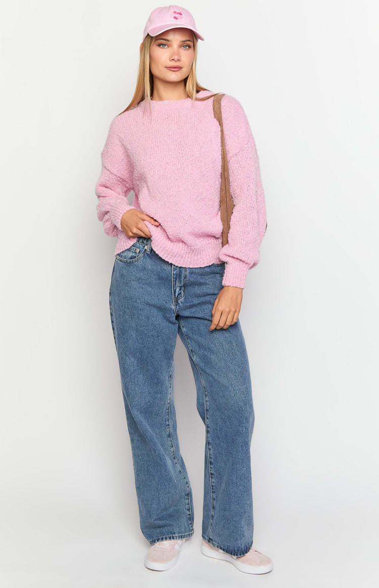 Pink chunky knit sweater with a relaxed fit and ribbed cuffs and hem