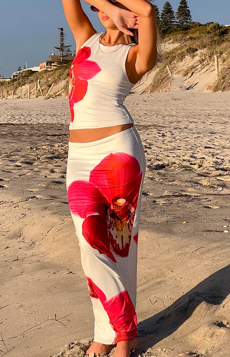 Beginning Boutique Payge White Orchid Maxi Skirt white bodycon maxi skirt with large red orchid print