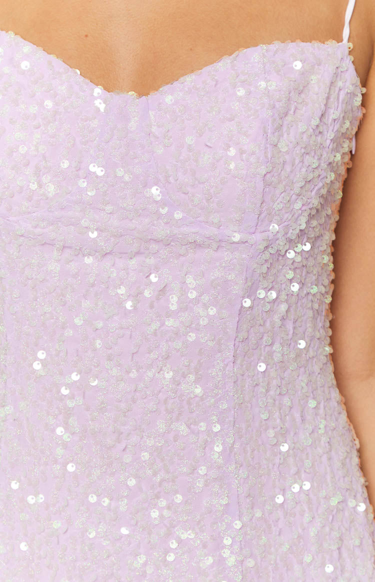 Close-up of the purple sequin bodice with a sweetheart neckline and iridescent sequin texture