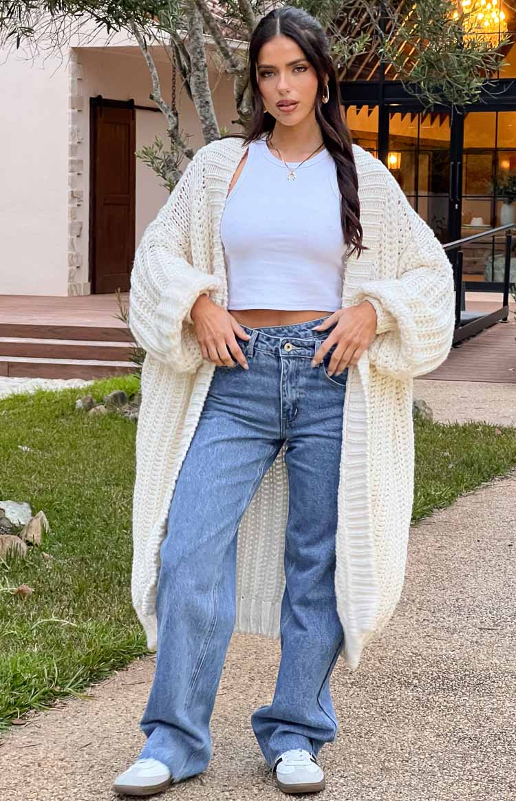 Beginning Boutique Peonie Cream Knit Cardigan cream chunky knit longline cardigan with oversized balloon sleeves and ribbed cuffs