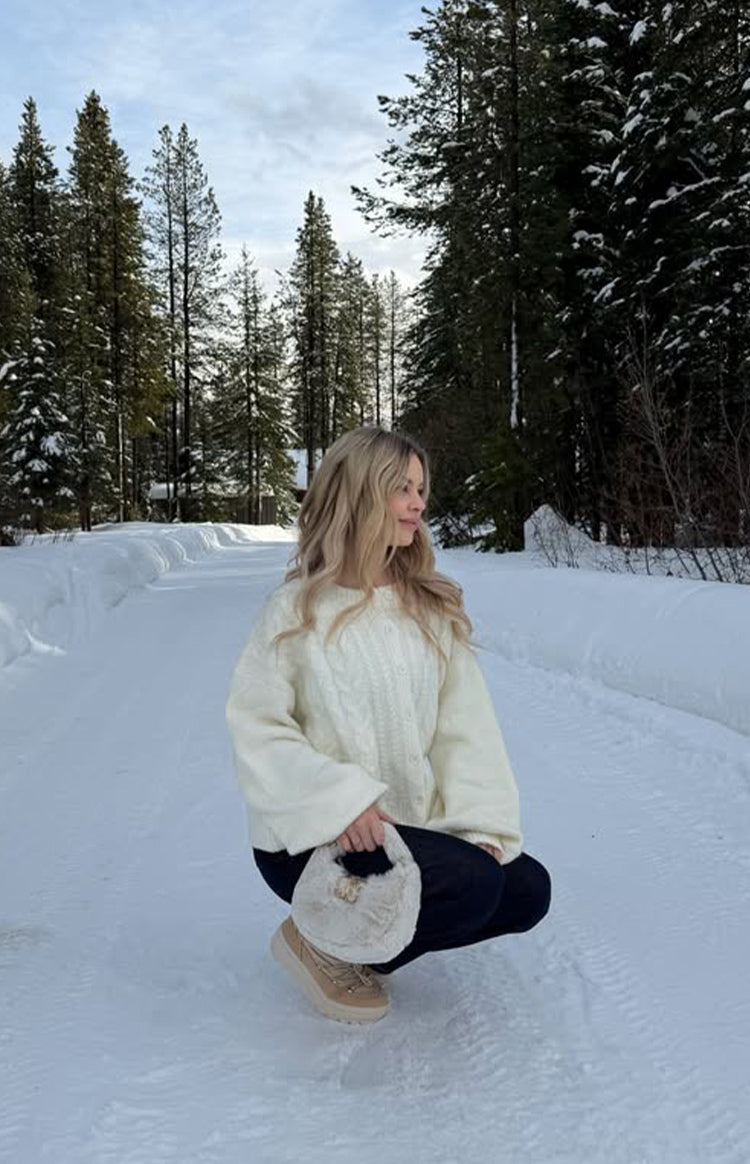 Beginning Boutique Percy Cream Cable Knit Cardigan cream cable knit round neck long sleeve button-front cardigan
