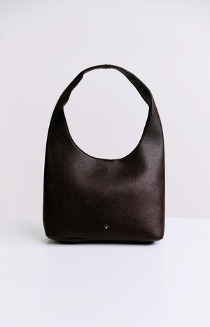 A solid brown hobo bag with a single shoulder strap made of a textured leather-like material.