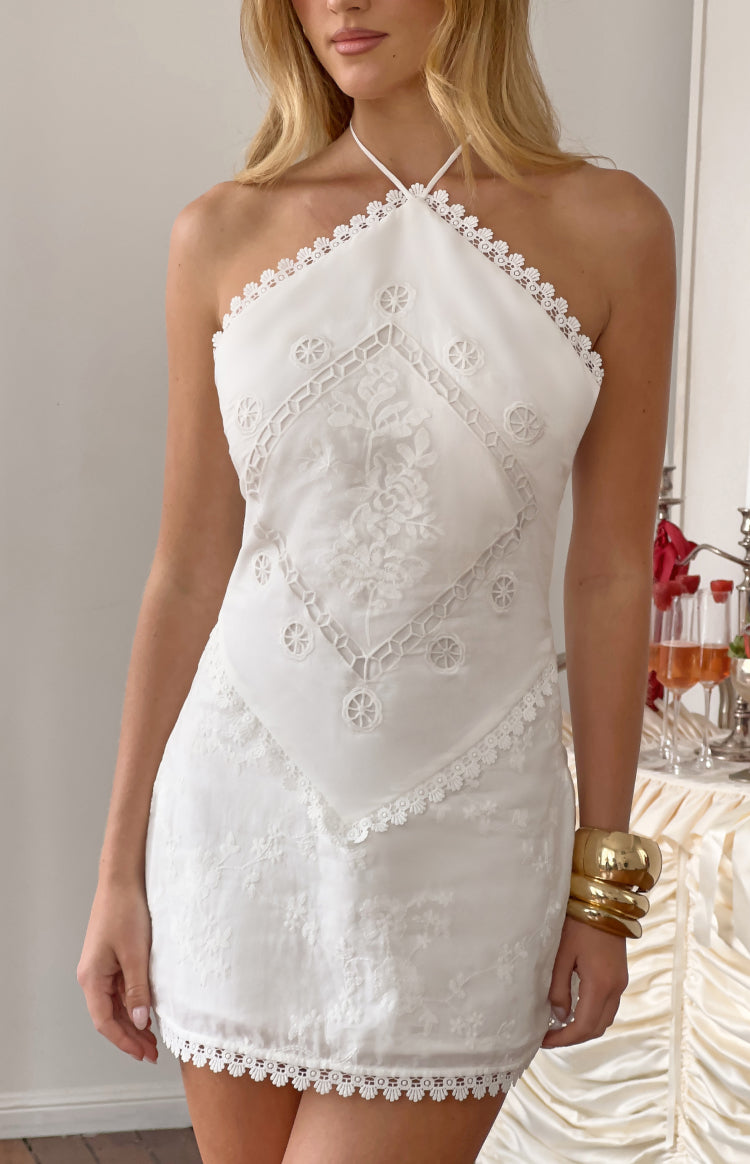 Beginning Boutique Pheline White Broderie Mini Dress white broderie halter neck mini dress with scalloped lace trim and embro