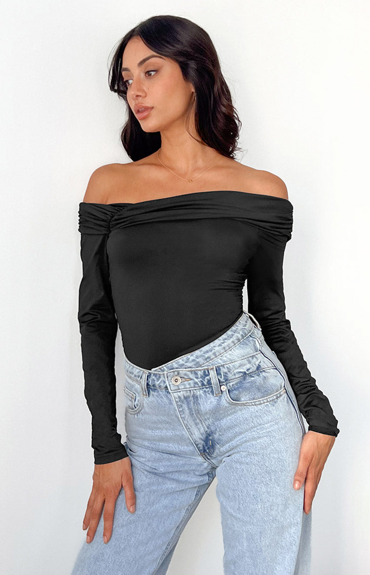 Black fitted off-shoulder bodysuit with a gathered neckline and long sleeves