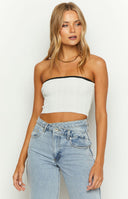 Beginning Boutique Pia White Contrast Bind Knit Tube Top white ribbed knit strapless tube top with black contrast binding and cropped fit