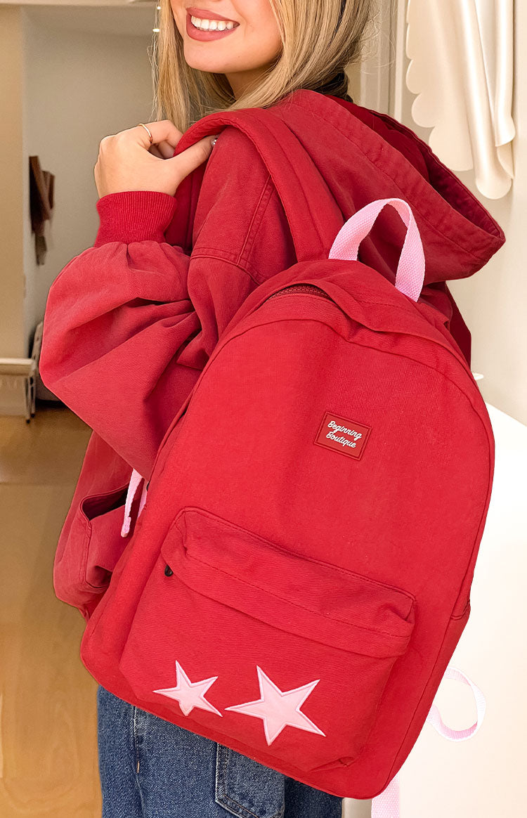 Pink Star Burgundy Backpack Image