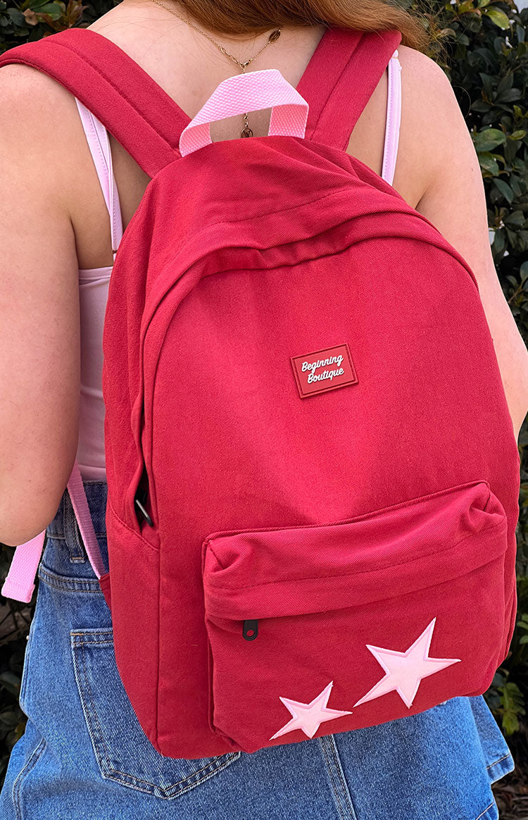 Pink Star Burgundy Backpack Image