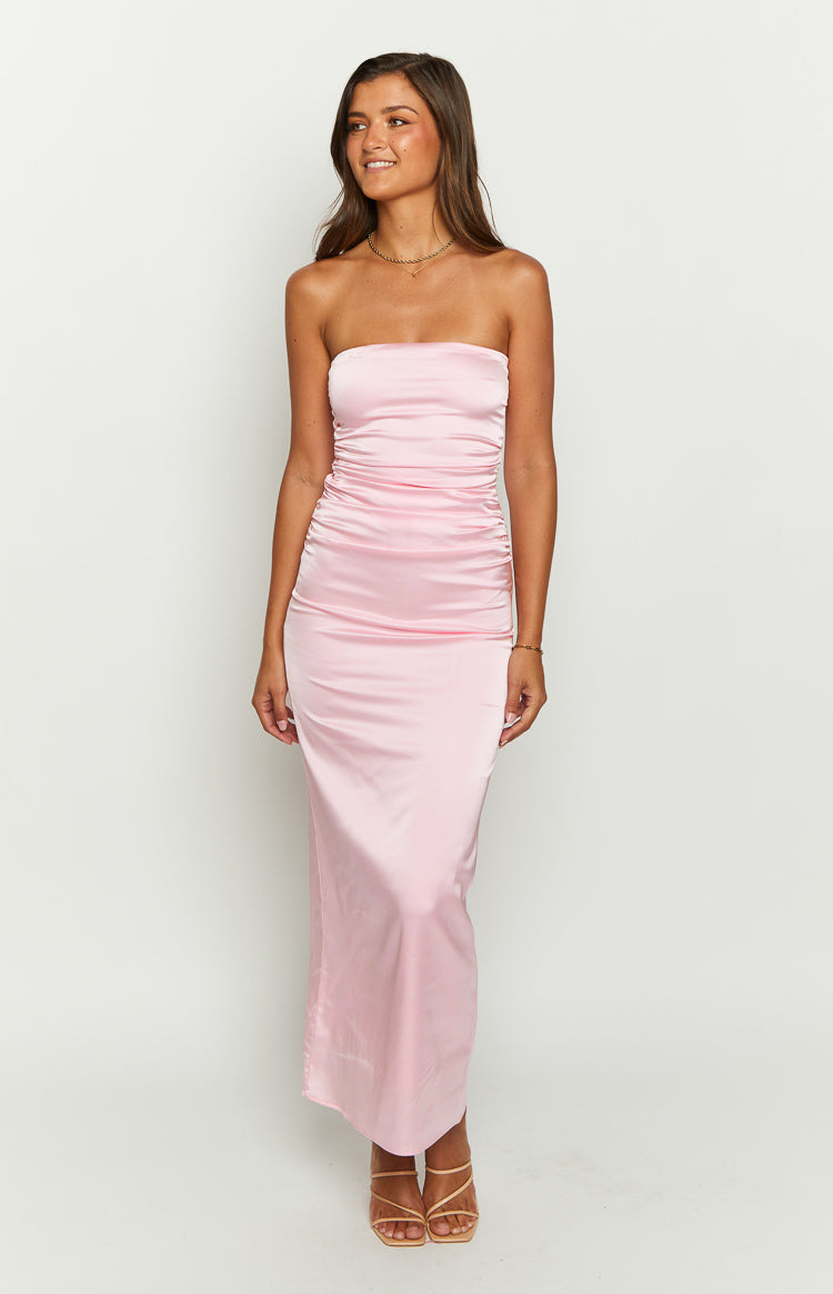 Pink Bloom Satin Strapless Maxi Dress Image