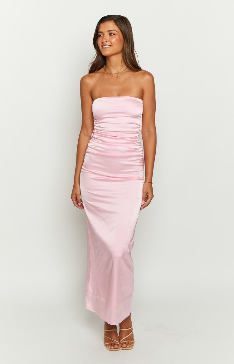 Pink satin strapless maxi dress with ruched side detailing and a fitted silhouette