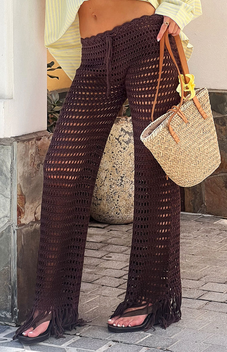 Beginning Boutique Pixie Brown Crochet Pants brown open knit wide leg pants with drawstring waist and fringed hem