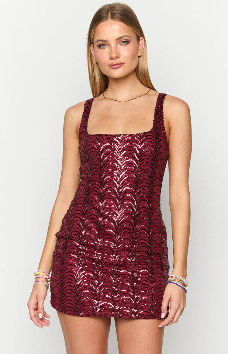Beginning Boutique Pixie Red Mini Dress red sequin square neck bodycon mini dress with wavy pattern