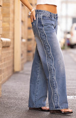 Posey Mid Wash Contrast Seam Wide Leg Jeans Image