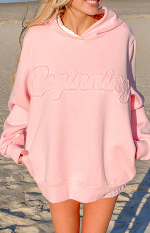 Beginning Boutique Presley Pink Polka Dot Hoodie light pink oversized hoodie with embroidered Beginning text and polka dot ho