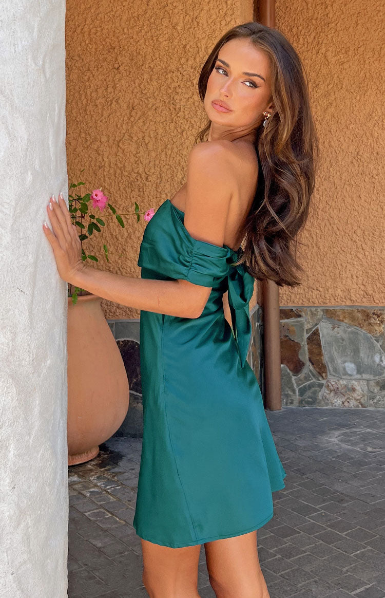 Primrose Teal Satin Off the Shoulder Mini Dress | Beginning