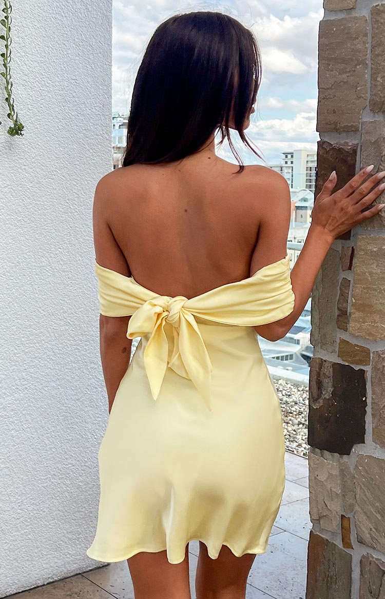 Primrose Yellow Satin Off the Shoulder Mini Dress BB Exclusive