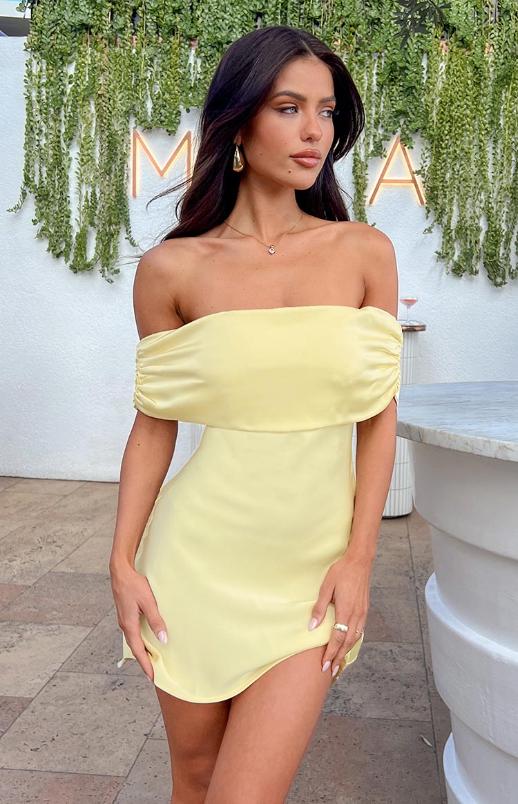 strapless open back dress Primrose Yellow Satin Off the Shoulder Mini Dress