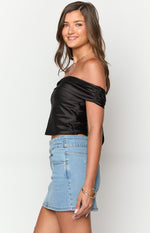 Primrose Black Satin Off the Shoulder Crop Top Image