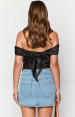 Primrose Black Satin Off the Shoulder Crop Top Image