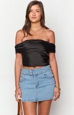 Primrose Black Satin Off the Shoulder Crop Top Image