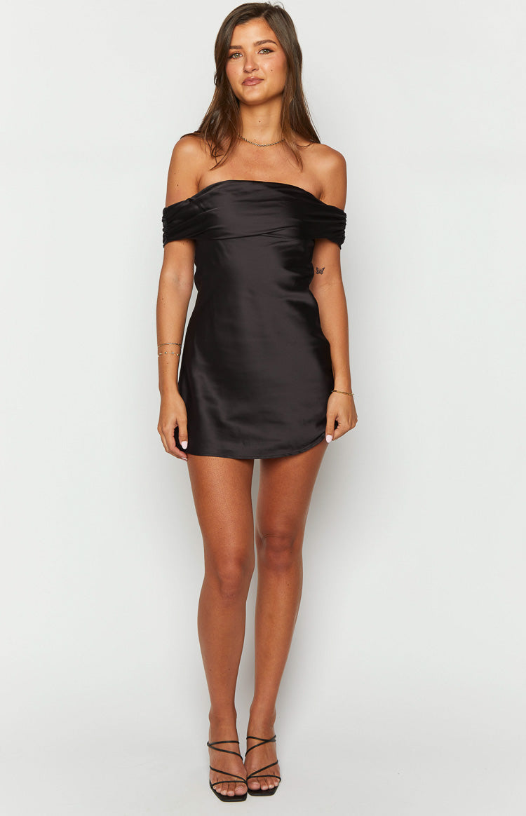 Primrose Black Satin Off the Shoulder Mini Dress – Beginning Boutique