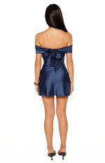 Primrose Navy Satin Off the Shoulder Mini Dress Image