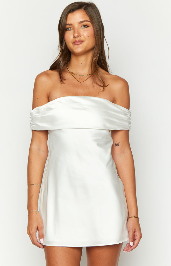 Primrose White Satin Off the Shoulder Mini Dress Beginning Boutique — free download