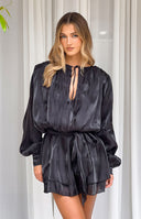 Beginning Boutique Quinton Black Satin Long Sleeve Tie Mini Dress black satin mini with tie-front V-neck, long billowy sleeve